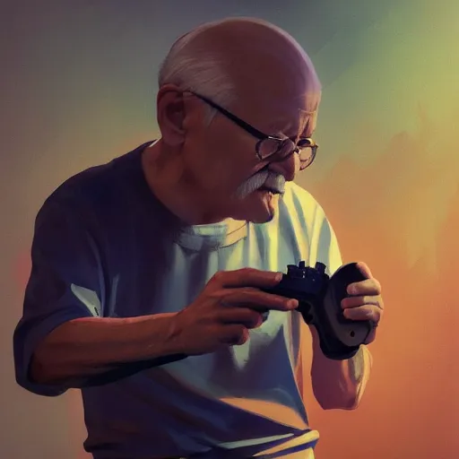 Prompt: An old man playing video games, holding a controller. By ilya kuvshinov, krenz cushart, Greg Rutkowski, trending on artstation. Sharp highlights, amazing textured brush strokes, accurate shape, cinematic soft, 8k, VFX, HDR, dramatic lighting, psychedelic colouring