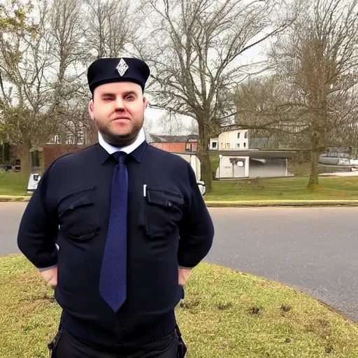 Image similar to clean - shaven chubby chubby chubby 3 2 year old caucasian man from uk. he is wearing navy police sweater and necktie and black boots and police helmet. he is making a youtube apology video