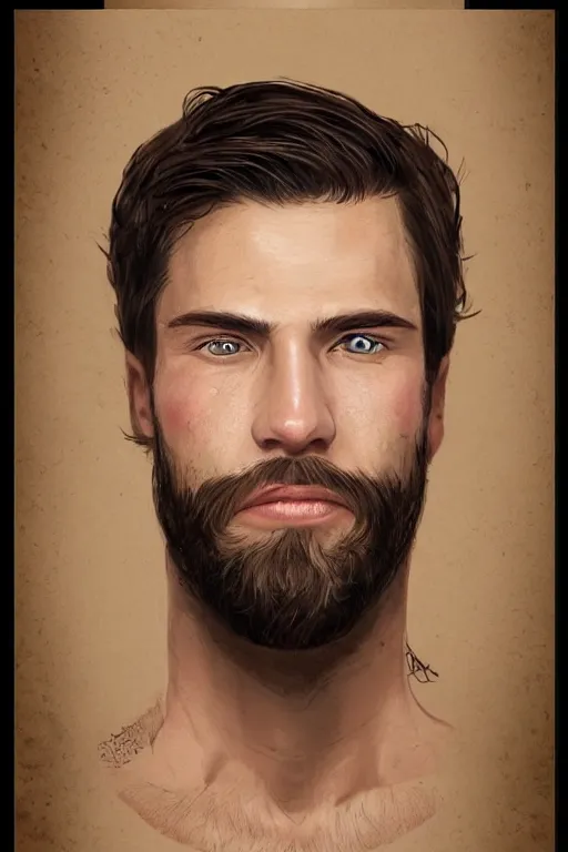 Image similar to very detailed portrait of a very handsome american man in his late twenties, oval shaped face, very short beard, ( ( deep hazel eyes ) ), strong round!!! rosey nose, nice color scheme, by wlop and tyler oulton, detailed eyes, reading a book. starry background, trending, on artstation.