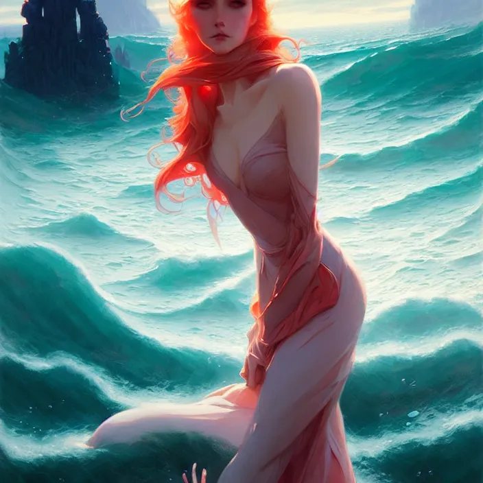 Image similar to style artgerm, joshua middleton, jeremy lipking, a castle of coral, very long spires, water swirling, detailed, ocean background setting, volumetric lighting
