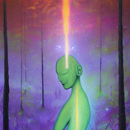 Image similar to painting of a tranquil alien made of light and glows meditating in dense forest by Lobsang Melendez Ahuanari, acrylic art, ethereal, soothing, somber, elegant, warm light, cozy, breathtaking,