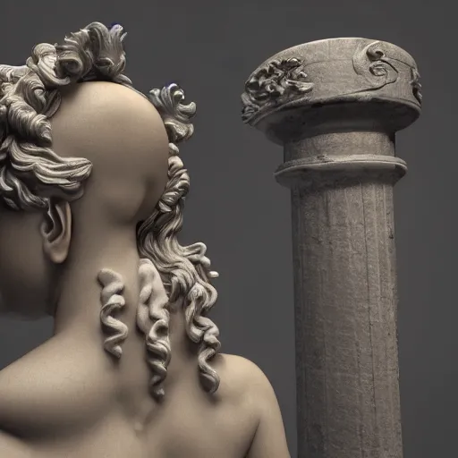 Prompt: baroque vaporwave statue, high detail, rendered in unreal engine, 3d render, god rays, volumetric lighting, award winning, photorealistic, vegetation