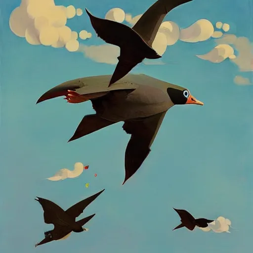 Prompt: Giant coots fly through the air, as a tornado approaches, by Takashi Murakami, Edward Hopper, Bo Bartlett, and Cynthia Sheppard, Artstation