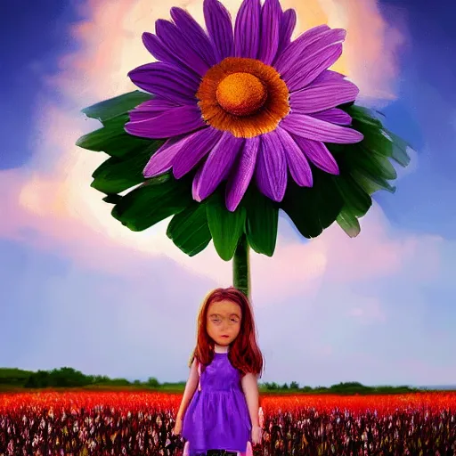 Image similar to giant daisy flower head, portrait of girl in flower field, holding daisy, surreal photography, sunrise, impressionist painting, colorful clouds, digital painting, artstation, simon stalenhag, flower face