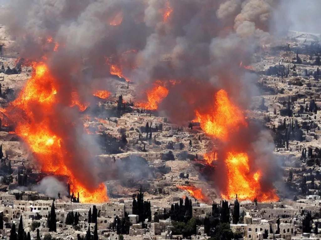 Prompt: jerusalem is on fire, the destruction of the temple, by god