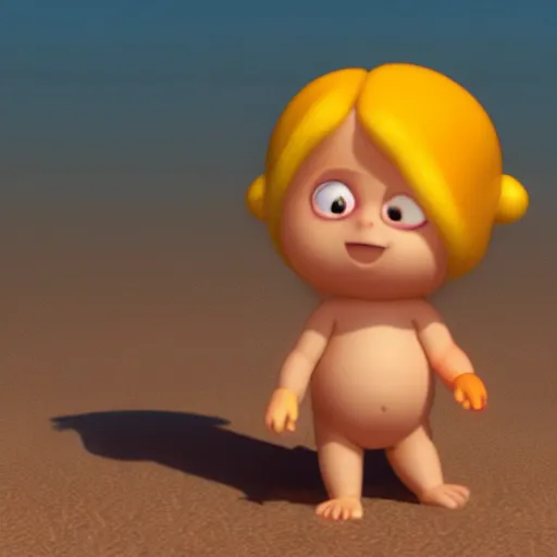 Prompt: final render made with blender of a cute yellow and orange kawaii baby demon with slow eyes and little fangs standing on a beach, by pixar and studio ghibli