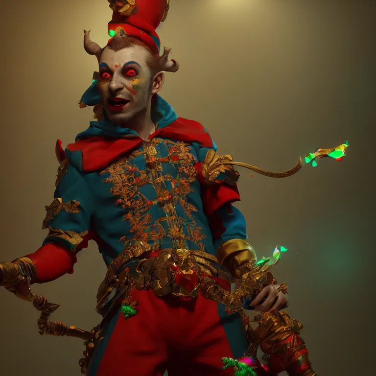 Image similar to a cinematic shot of man wearing jester harlqequin fool costume, colorful, octane render, volumetric lighting, nvidia raytracing demo, by Andy Thomas, Mario Martinez, Daniel Mirante, Gustave Dore, Artstation, CGsociety, masterpiece