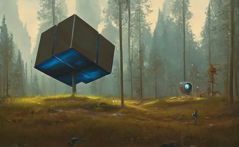 Prompt: a giant metallic cube in the forest, realistic sci-fi painting by simon stålenhag, trending on artstation