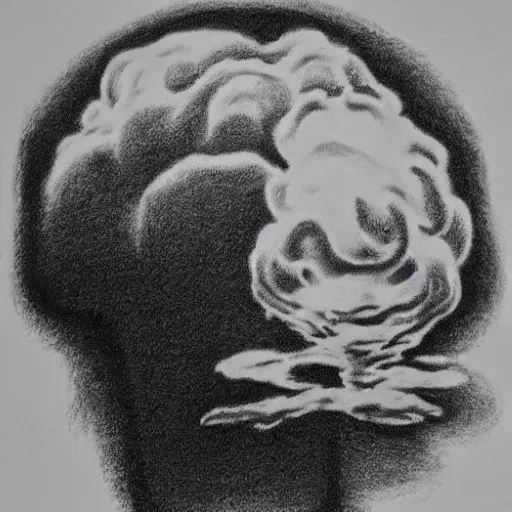 Image similar to vladimir putin's face in a nuclear mushroom cloud, cartoonish, ultra detailed pencil drawing