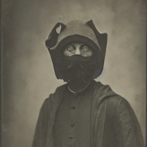 Prompt: hermit alchemist wearing scary headmask, 1900s photograph