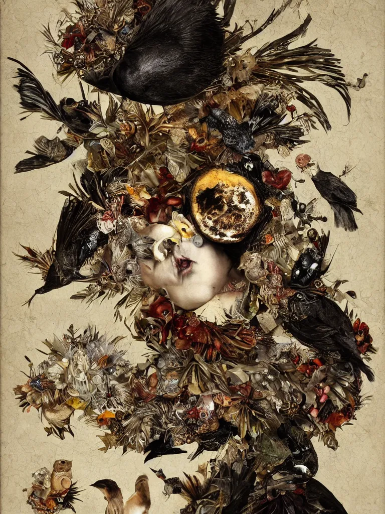 Image similar to Detailed maximalist portrait with cracked porcelain skin, dark doe eyes, a small rosebuf mouth, feather and milk, beetles and cicadas, fox fur and weasels, humminbirds and crows, HD mixed media, 3D collage, highly detailed and intricate, surreal illustration in the style of Caravaggio, dark art, baroque