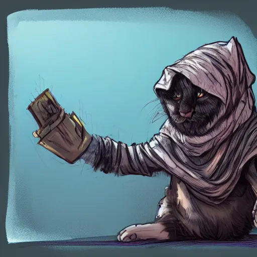 Image similar to dirty homeless humanoid cat wearing rags, concept art, d & d, fantasy, trending on artstation