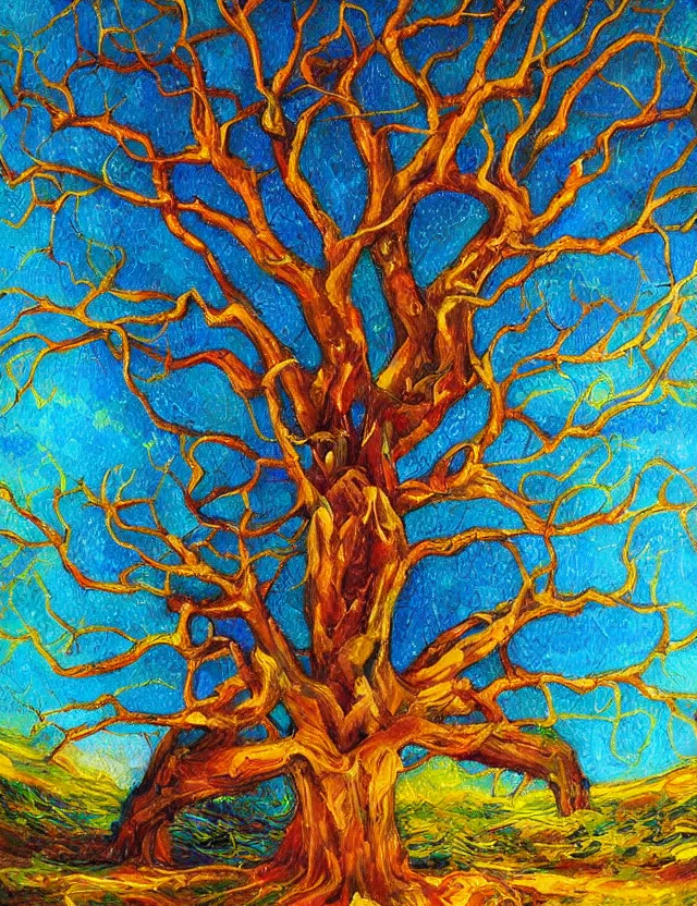 Prompt: tree of knowledge erudite gnostic wisdom, golden boughs and roots, celestial skies and lambent clouds, oil painting award winning, chromatic aberration bright colors