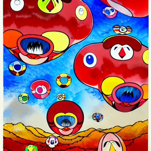 Image similar to Three bright red demons flying up from a desert canyon in the style of Takashi Murakami, highly detailed, watercolor background, Kids See Ghosts