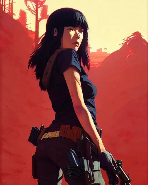 Image similar to a girl western bounty hunter | | fine detail!! anime!! realistic shaded lighting!! poster by ilya kuvshinov katsuhiro otomo ghost - in - the - shell, magali villeneuve, artgerm, jeremy lipkin and michael garmash and rob rey