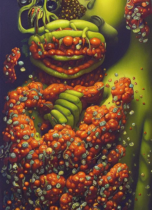 Image similar to hyper detailed Oil painting - Pepe Eats of the Strangling Fruit and His gossamer polyp blossoms bring iridescent fungal flowers whose spores black the foolish stars by Jacek Yerka, Mariusz Lewandowski, Abstract brush strokes, Masterpiece, Edward Hopper and James Gilleard, Zdzislaw Beksinski, Mark Ryden, Wolfgang Lettl, hints of Yayoi Kasuma