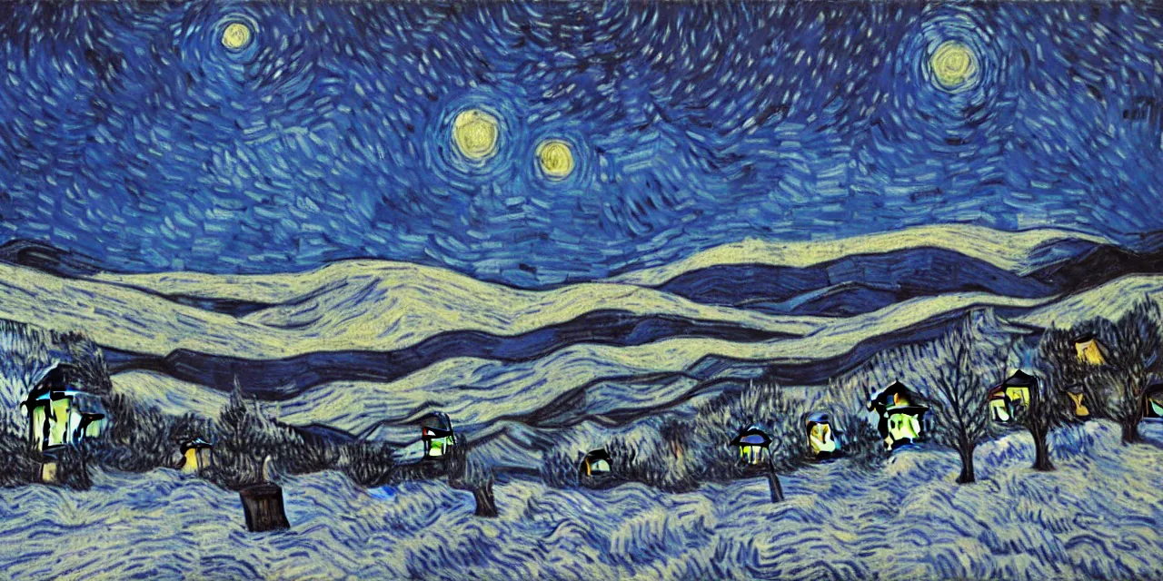 Prompt: thick impasto textured monochrome oil painting of the laurentian appalachian mountains in winter by vincent van gogh, unique, original and creative landscape, snowy night, distant town lights, aurora borealis, deers and ravens, footsteps in the snow, brilliant composition