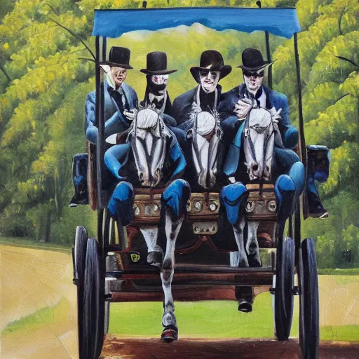 Prompt: a detailed oil painting of jokers in horse carriage in the woods