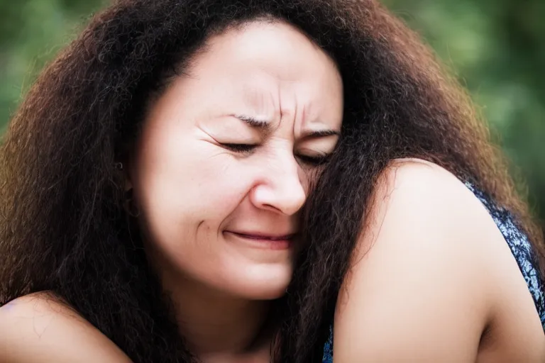 Prompt: a full shot of a woman hugging herself