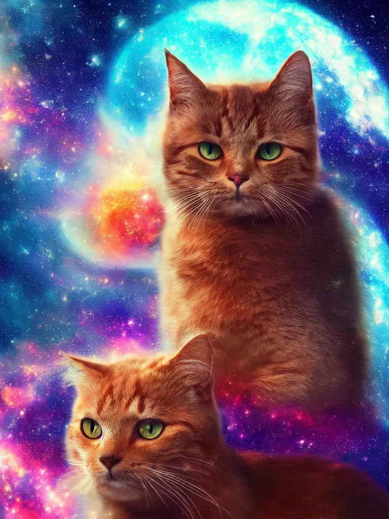 Prompt: cat portrait blended with a celestial epic vibrant cinematic fantasy space image of a sparkling ethereal oceanic silky cosmic universe, celestial cosmos, nasa photos, artstation