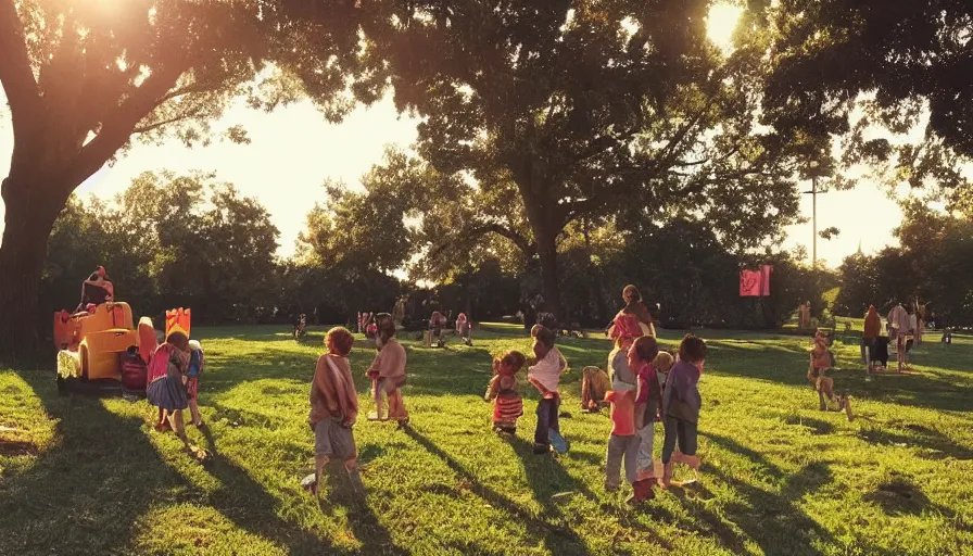 Image similar to 1990s candid photo of a beautiful day at the park, cinematic lighting, cinematic look, golden hour, large personified fruit people in the background, Enormous fruit people with friendly faces, kids talking to fruit people, UHD