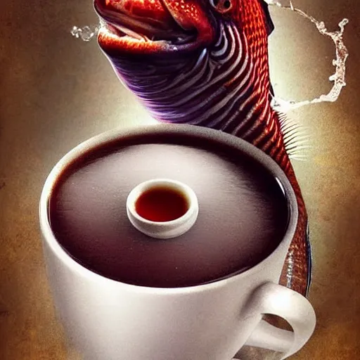 Prompt: surreal photomanipulation of a supernatural fish drinking a cup of tea by a straw.