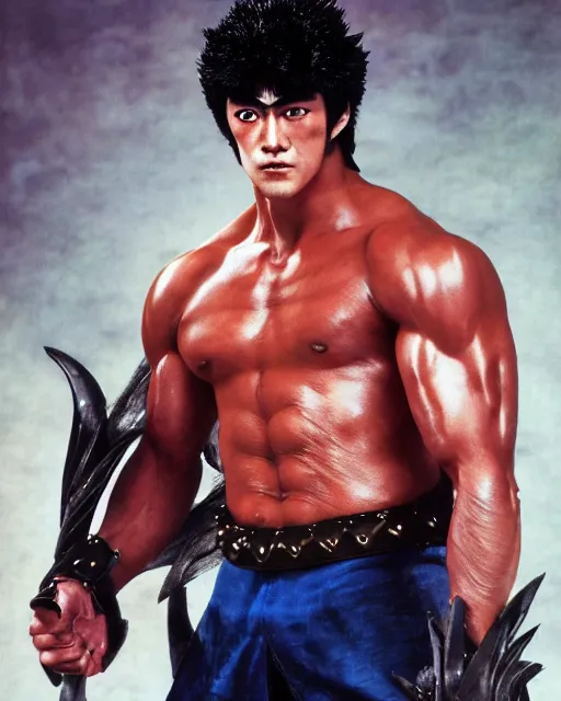 Image similar to Photograph of handsome muscular Japanese actor dressed as Kenshiro from fist of the North Star and as his evil brother Jagi who is wearing a face mask and body armor, photorealistic, photographed in the style of Annie Leibovitz