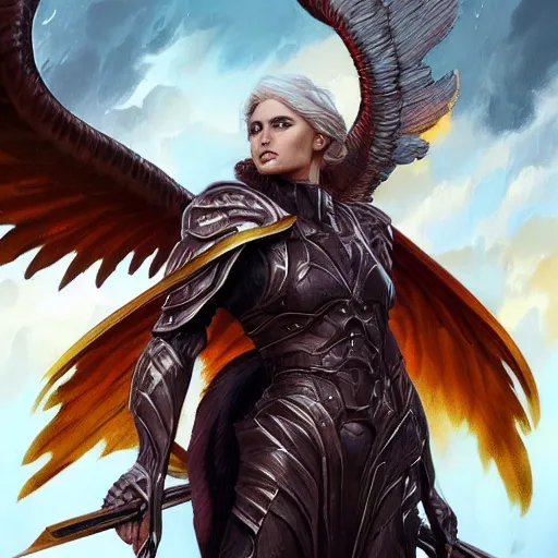 Image similar to archangel of fury, full-body portrait, D&D, fantasy, portrait, highly detailed, digital painting, artstation, concept art, sharp focus, illustration, art by artgerm and greg rutkowski and magali villeneuve, red white and gold color scheme