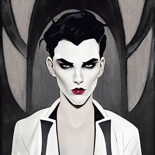 Image similar to stunning portrait of androgynous ruby rose as desire from sandman in a white tuxedo!!!, rockabilly style, by frank moth, by alphonse mucha, by jeremy mann, by peter lindbergh, dave mckean, white suit and black tie, soft lightning, high detailed, 8 k