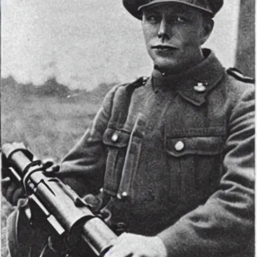 Image similar to old wartime photograph of elon musk holding a lewis gun, 1 9 1 7