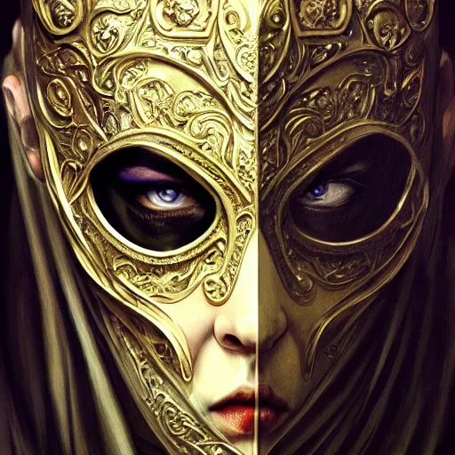 Image similar to Very very very very highly detailed epic photo of face with venetian mask, intricate, dystopian, sci-fi, extremely detailed, digital painting, artstation, concept art, smooth, sharp focus, illustration, intimidating lighting, incredible art by Anton Pieck, Artgerm and Vincent di Fate