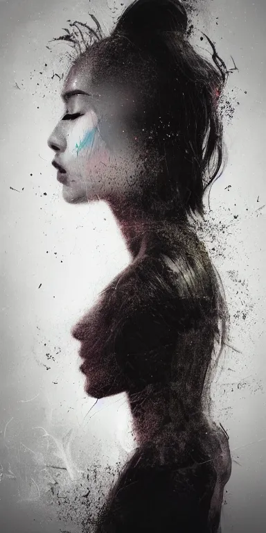 Image similar to dark background, light paint, candid!! long abstract paint portrait of a very very beautiful! young filipino woman with very narrow face, closed eyes and flowing long hair, swirling dreamy smoke and fog is coming from her mouth, face partially obscured, by conrad roset, abstract background, dramatic lighting, minimal art, trending on artstation