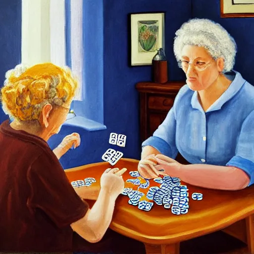 Image similar to 2 old ladies in a blue and brown shirt and a woman playing cards in a commieblock apartment, still life painting, high detail, oil painting