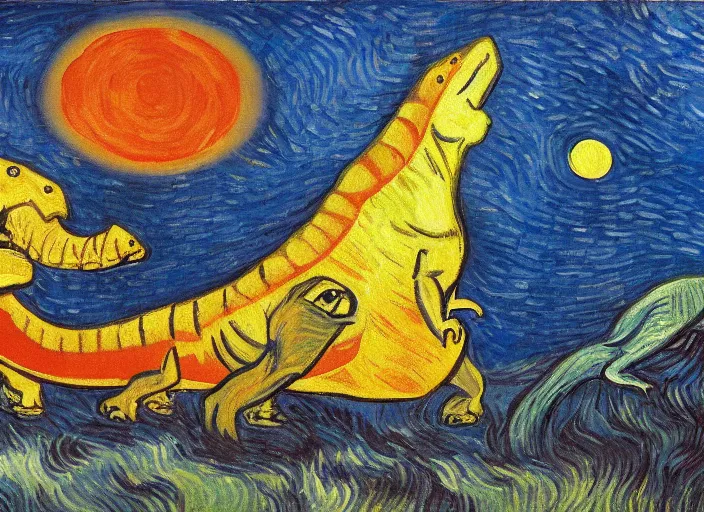 Image similar to painting of the extinction of the dinosaurs with asteroid and fire, in the style of edward hopper and vincent van gogh, dramatic lighting at dusk