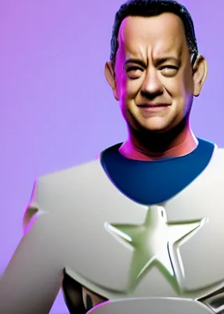 Image similar to tom hanks as a superhero, aesthetic 4 k hyperrealistic, futuristic, clean