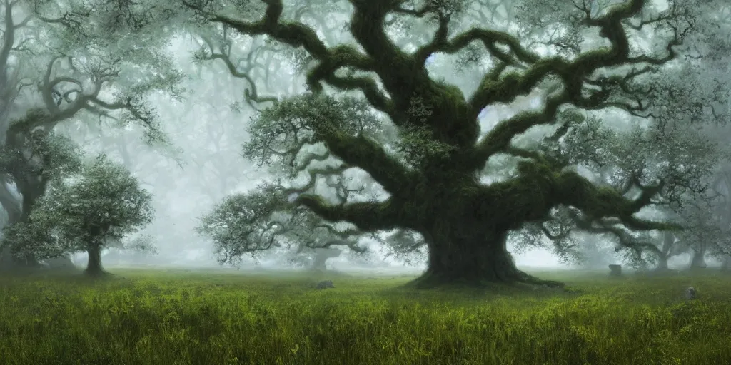 Prompt: a massive oak tree, gnarled and mossy, with blue flowers in its leaves, stands alone on a vast plain of grass in misty twilight, by marc simonetti and andreas rocha,