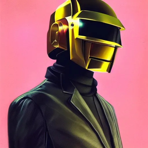 Image similar to portrait of Daft Punk by Greg Rutkowski, wearing a leather jacket, highly detailed portrait, digital painting, artstation, concept art, smooth, sharp foccus ilustration, Artstation HQ