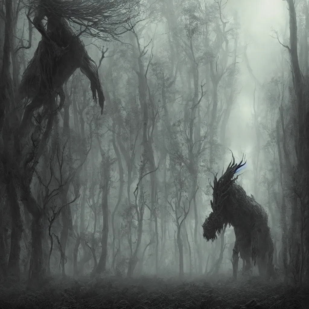 Prompt: Photorealistic giant nightmare creature in the ominous foggy woods in the style of Michael Whelan and Gustave Dore. Hyperdetailed photorealism, epic scale, misty, 108 megapixels, amazing depth, glowing rich colors, powerful imagery, psychedelic Overtones, 3D finalrender, 3d shading, cinematic lighting, artstation concept art