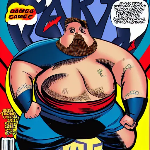 Prompt: A fat man with a fade haircut and a mustache as a comic book hero fighting off evil,, 4k, comic book cover