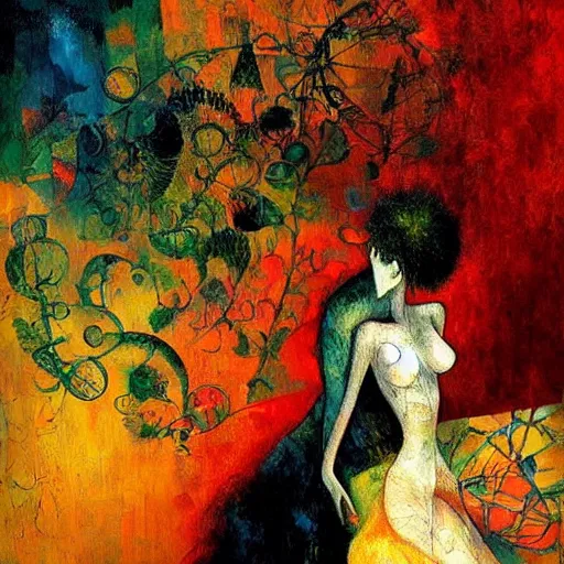 Prompt: intimacy, impressionism, intricate abstract, vivid colors, by Dave McKean