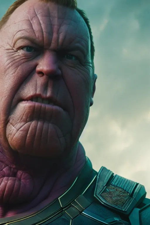 Prompt: A still of Alex Jones as Thanos in Avengers Endgame, close-up, sigma male, rule of thirds, award winning photo, unreal engine, studio lighting, highly detailed features, interstellar space setting