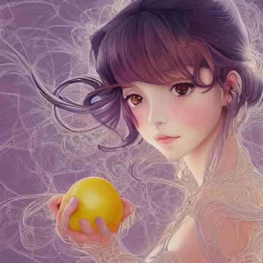 Image similar to the portrait of an absurdly beautiful, graceful, elegant, sophisticated, young teen anime girl made up of lemons looking up, an ultrafine hyperdetailed illustration by kim jung gi, irakli nadar, intricate linework, bright colors, octopath traveler, final fantasy, unreal engine 5 highly rendered, global illumination, radiant light, detailed and intricate environment