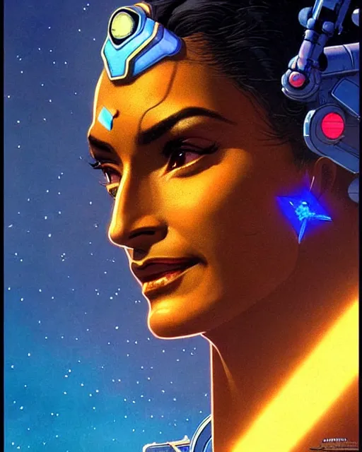 Prompt: symmetra from overwatch, blue rays of light, character portrait, portrait, close up, concept art, intricate details, highly detailed, vintage sci - fi poster, retro future, in the style of chris foss, rodger dean, moebius, michael whelan, and gustave dore