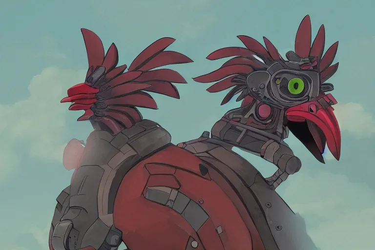 Prompt: digital painting of a heavily armoured mechanical angry rooster by studio ghibli, cinematic lighting, ominous, livid colors