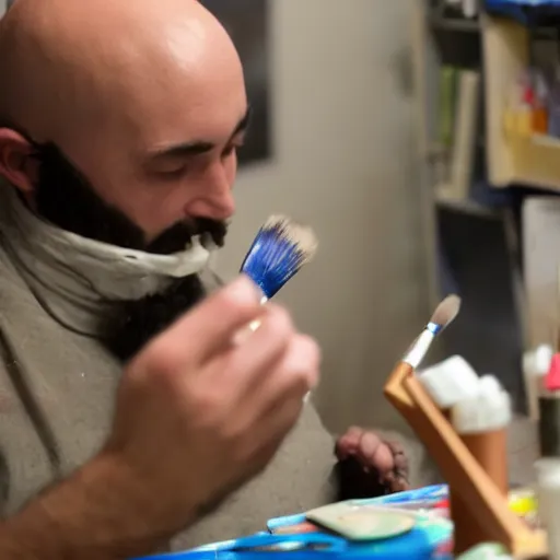 Prompt: a bald man with a beard meticulously painting an anime girl figurine in his basement