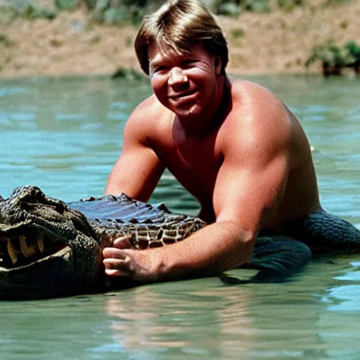 Prompt: shirtless steve irwin inside the mouth of a crocodile doing the splits