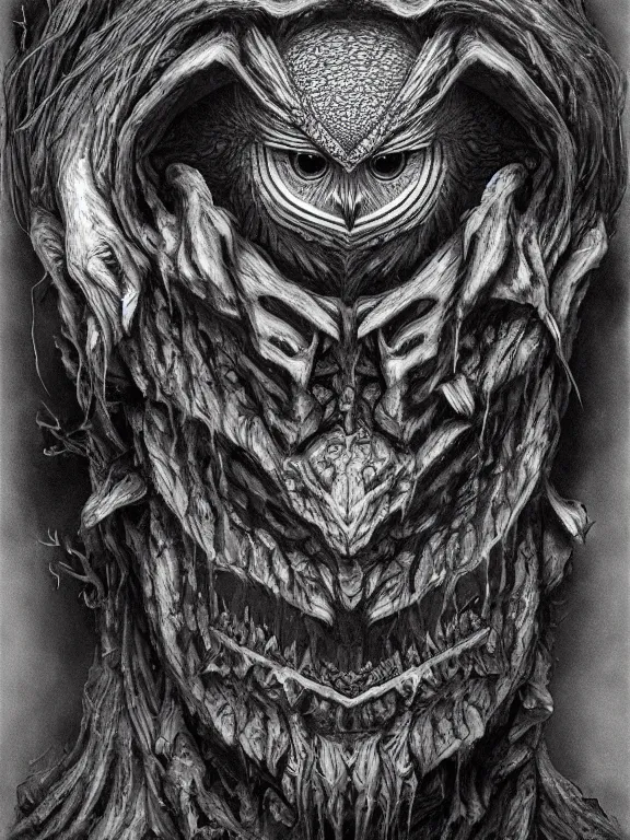 Prompt: a beautiful hyper realistic detailed matte portrait of the old owl, a strange being haunting this land from a forgotten time, lovecraftian style, dramatic lighting, dynamic lighting, cinematic lighting, by maurits cornelis escher, black and white, featured on artstation