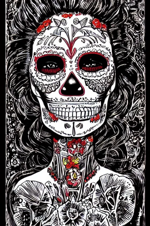 Prompt: Illustration of a sugar skull day of the dead girl, art by philippe druillet