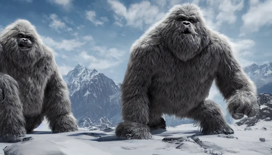 Prompt: Giant yeti roaring in the heart of the snowy mountains of Tibet, hyperdetailed, artstation, cgsociety, 8k