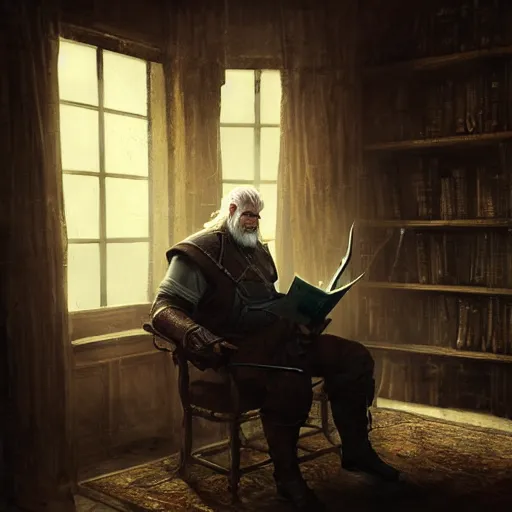 Image similar to old fatman sitting on chair reads the witcher saga, light stubble, digital art, photorealistoc, art by greg rutkowski, hyperdetailed, western comic style, comic, comic style, sharp lineart, professional lighting, deviantart, artstation, trevor henderson, rossdtaws, cinematic, dramatic